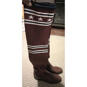 MIA Women's Burgundy Knee High Boots Star Stripe Ribbed Knit Americana Retro